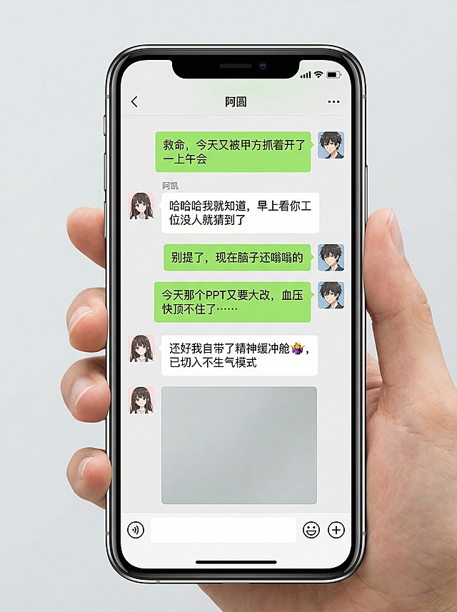超写实8K超清竖屏iPhone手机微信聊天界面截图，最新版iOS微信原生UI，1:1完全还原真实微信界面，无任何修改，自然光无屏幕反光，无水印无杂质无多余元素，画面干净锐利，手持手机实拍质感，无畸变无模糊。聊天页顶部显示对方昵称"阿圆"，我方大号昵称"阿凯"，双方均搭配清晰的日系治愈风手绘漫画头像，大号为随机男生动漫画头像，前后聊天记录头像保持一致，小号为二次元女生动漫画头像，前后聊天记录头像保持一致；顶部状态栏有标准的iOS时间、手机信号、Wi-Fi、电量图标，完全匹配微信原生样式。聊天内容从上到下严格遵循微信原生规范，我方大号发送内容为右侧绿色圆角聊天气泡，对方小号发送内容为左侧白色圆角聊天气泡，所有气泡完整无裁切、边缘清晰锐利，可精准单独裁切保存，具体对话顺序：右侧大号绿色原生聊天气泡，微信默认原生字体，内文："救命，今天又被甲方抓着开了一上午会"；左侧小号白色原生聊天气泡，字体清晰无错字，内文："哈哈哈哈我就知道，早上看你工位没人就猜到了"；右侧大号绿色原生聊天气泡，字体清晰无错字，内文："别提了，现在脑子还嗡嗡的"；右侧大号绿色原生聊天气泡，字体清晰无错字，内文："今天那个PPT又要大改，血压快顶不住了……"；左侧小号白色原生聊天气泡，字体清晰无错字，内文："还好我自带了精神缓冲舱🧘‍♀️，已切入不生气模式"；紧跟上述白色气泡正下方，左侧小号同步发送一张无字、无水印、无任何图案文字的干净空白实拍照片，极简浅灰色纯色背景，模拟真实手机相机实拍原图，照片完整显示无遮挡无变形。整体画面色值完全匹配微信原生绿/白色气泡，行间距、字间距完全符合微信默认规范，真实还原职场好友微信聊天原生场景，无任何多余弹窗、广告、二维码元素。负面提示词：模糊，变形，二维码，水印，广告，弹窗，多余图标，文字错误，错字漏字，字体变形，气泡裁切不全，气泡边缘模糊，屏幕反光严重，杂乱背景，人物出镜，二次元手绘风，低画质，低分辨率，颜色失真，绿色气泡色值错误，白色气泡变形，界面元素错位，头像模糊，照片带文字图案，聊天顺序颠倒。