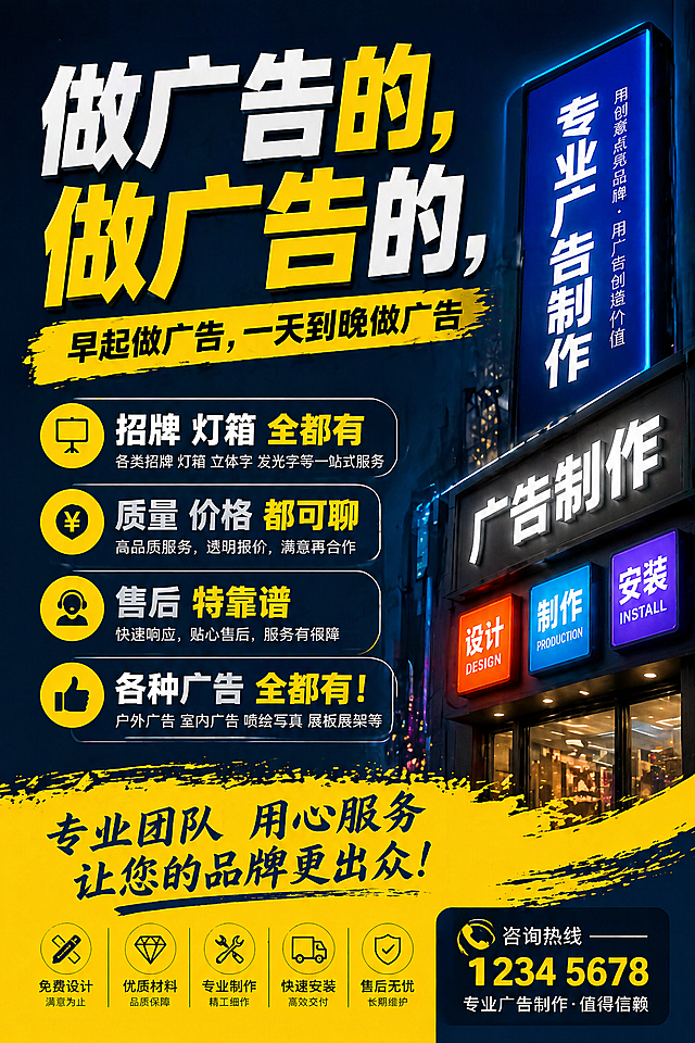 生成一张广告制作服务宣传海报，包含文案：做广告的，做广告的，早起做广告，一天到晚做广告，招牌 灯箱 全都有，质量 价格 都可聊，售后 特靠谱，各种广告 全都有！整体风格现代感强，字体突出醒目，海报尺寸宽60厘米高90厘米