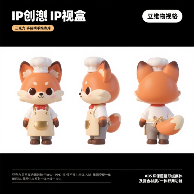 小狐狸IP形象，戴着厨师帽，穿着围裙，展示三视图（正视图、侧视图、背视图），画面仅包含三个视图，背景干净无多余元素，无文字和排版预览效果