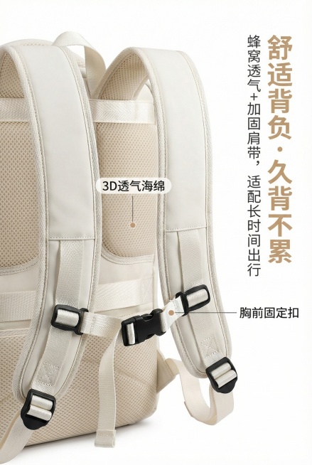 中文提示词：2:3竖版，途界9169款背包背负系统特写，主体展示背包背部及肩带。背部蜂窝式3D透气海绵垫（特写纹理，标注“3D透气海绵”），加固肩带（展示厚度与缝线细节），胸前固定扣（扣合状态，标注“预览效果