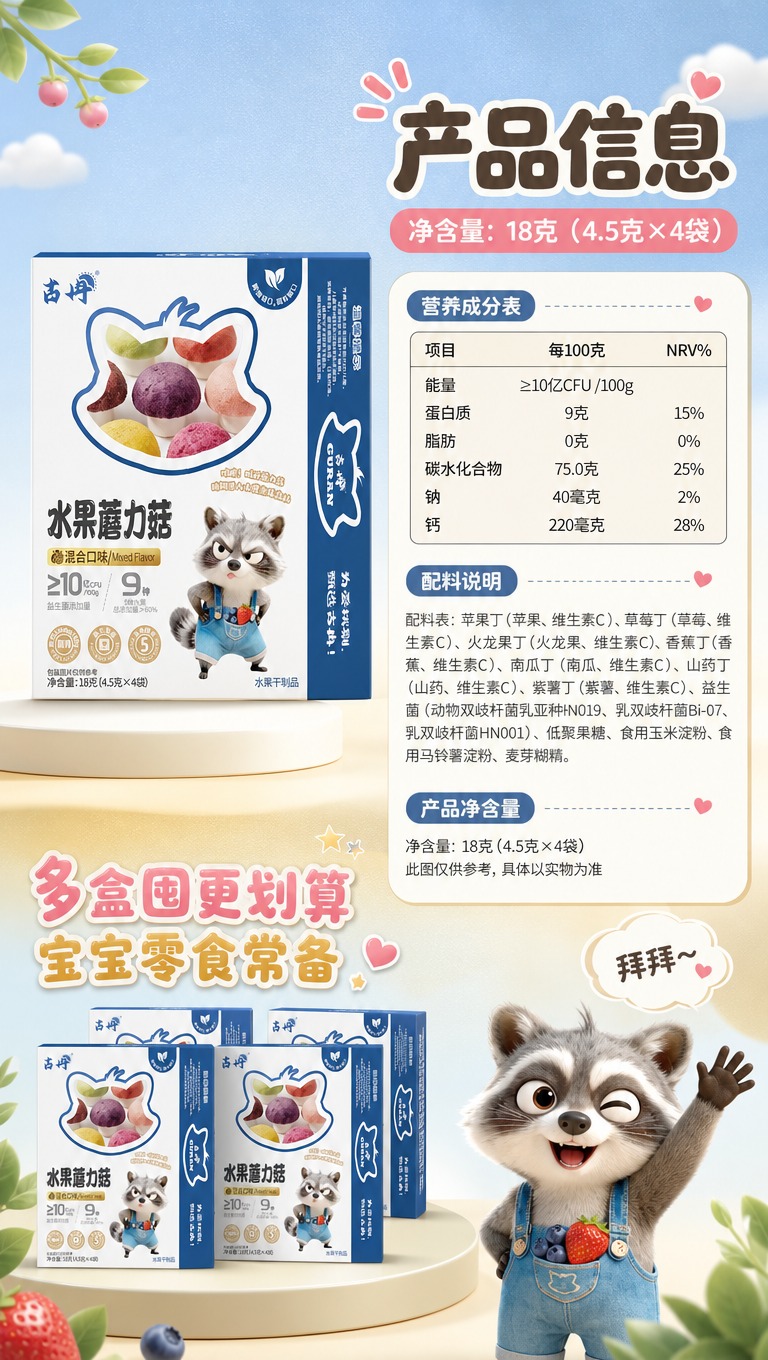 [商品] 使用【图2】古冉水果蘑力菇产品包装盒正面，保留品牌L… - 图片创意预览