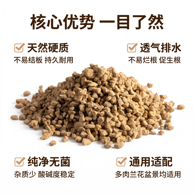 [主图 2] 日本硬质赤玉土核心卖点展示。[氛围风格] 简洁专业电商风；[画质] 商业摄影质感、光线柔和通透、产品清晰真实、画面干净高级。保持赤玉土外观（物理结构、材质质感、颜色）与输入产品图绝对一致预览效果