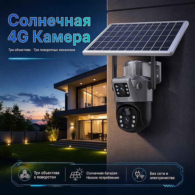[第1张] 亚马逊跨境电商详情页头图-太阳能4G三镜头三云台低功耗家用监控摄像头主视觉海报。本张使用【图1】作为商品主体，保持产品物理结构、比例轮廓、三镜头+太阳能板+云台结构、黑灰配色与输入产品图完全一致。
[氛围/风格] 简约大气科技风，高端商业摄影质感，现代极简设计，突出产品科技感与可靠性。
[元素布局] 产品置于画面中央偏右，占比约55%，安装在现代别墅外墙位置，背景为傍晚时分的欧美风格独栋住宅庭院，草坪、围栏、远处树木隐约可见，营造真实户外安防场景；左上区域留作文案区，底部有科技感信息条装饰；太阳能板、三镜头、三云台结构清晰可见。
[光影质感] 黄昏自然光+产品补光，主光从左上方45度照射，右侧柔和辅光，产品表面金属质感与塑料纹理清晰，底部自然投影，整体明暗层次丰富，夜视微光氛围。
[配色色系] 全局底色深蓝灰渐变#1A2332到#2C3E50；主色科技蓝#3498DB；辅助色橙黄警示色#F39C12、白色正文；点缀色青绿色#1ABC9C。
[视角构图] 正面微仰视角度，产品为视觉中心，阅读动线左上标题→中部产品→底部卖点条。
[文字版式] 全部使用俄语。左上大标题区：主标题「Солнечная 4G Камера」，副标题「Три объектива · Три поворотных механизма」，主标题文字带蓝到青渐变填充+白色细描边+柔和投影效果；底部横向排列三个核心卖点胶囊图标：「Три объектива с поворотом」、「Солнечная батарея · Низкое потребление」、「Без сети и электричества」，每个配简约线性图标；文字不遮挡产品主体。
[比例分辨率] 1:1正方形比例，4K分辨率，文字清晰可辨，高清画质。
[负向提示词] 产品变形，缺件错件，结构错误，颜色偏差，水印，文字错乱，文字过小，中文字符，背景杂乱，产品模糊。