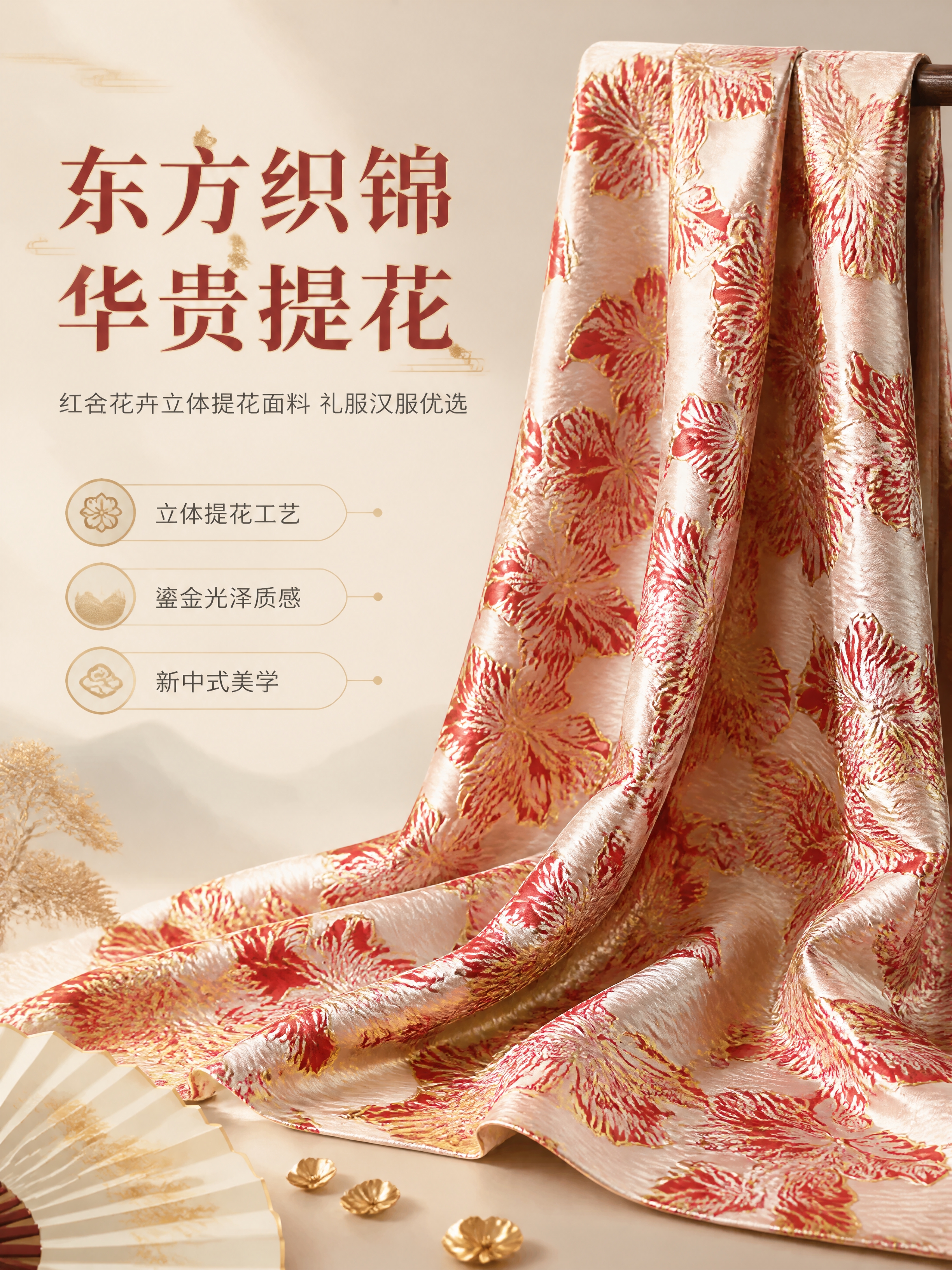 [商品] 使用【图1】红金花卉提花面料；商品处理：保留米白底、… - 图片创意预览