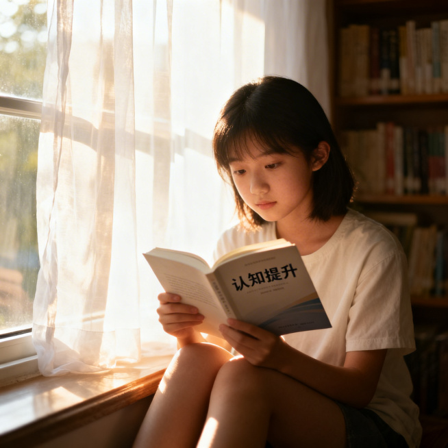 晨曦中，年轻女孩安静坐在飘窗边读书，温暖的阳光透过轻薄的白色纱帘，柔和地洒在书本封面上清晰的"认知提升"字样上，背景是摆满书籍的书架做虚化处理，整体氛围宁静温馨治愈，写实摄影风格，光影自然柔和预览效果