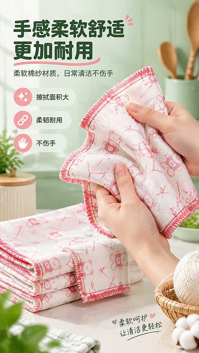 [商品] 使用【图1】棉纱抹布叠放+【图3】平铺；商品处理：保留小熊印花、红色锁边、棉纱材质；增强纹理质感，展示柔软垂坠感。
[画面] 柔软耐用材质页，目标突出手感柔软、不伤手、耐用。左文右图构图，右侧为手部轻轻按压、弯折抹布的特写，展示柔软触感，抹布占画面50%；左侧为文字信息区；背景为温馨的厨房台面，点缀棉线、织物纹理元素。
[视觉] 套系策略：风格=清新洁净家居商业摄影；标题字=圆润黑体粗体；正文字=简洁无衬线黑体；主色=清新薄荷绿；背景延展=基于薄荷绿做深浅层级渐变、厨房台面与墙面同色系延展；强调色=暖粉色（呼应抹布印花），仅用于小面积图标、标签和点缀；标题色=深墨绿；正文色=中灰绿；组件=圆角信息卡、水滴形图标、细线引线；光影=左前侧柔和自然光，明亮通透。
[文字] 左侧主标题"手感柔软舒适 更加耐用"，副标题"柔软棉纱材质，日常清洁不伤手"，下方配3个小标签"擦拭面积大""柔韧耐用""不伤手"；文字全部横向排版，不遮挡手部与抹布互动区域。
[规格] 图片比例9:16竖版，4K，避免变形、错字、文字过小、手部姿态不自然、抹布颜色改变、绝对化用语。