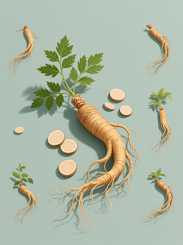 一套6张的系列素材集合，每张素材均为规整排布的单一人参元素图案，呈现不同的人参，用纯色背景，无任何文字，无logo，无水印。每张图中人参均为写实风格插画，主体人参根茎呈自然弯曲形态，表面有细密的环状纹理和根须，根须细长且分布自然，顶部带有绿色的羽状复叶，叶片边缘有锯齿，叶脉清晰可见，部分人参旁散落着数片横向切开的人参切片，切片的年轮纹理清晰，整体色彩为温暖的土黄色根茎搭配鲜亮的绿色叶片，光影表现柔和，立体感强，构图平衡，画面简洁干净，视觉层级明确，突出人参主体，符合传统滋补品的宣传风格，能有效传达人参的自然、健康属性。