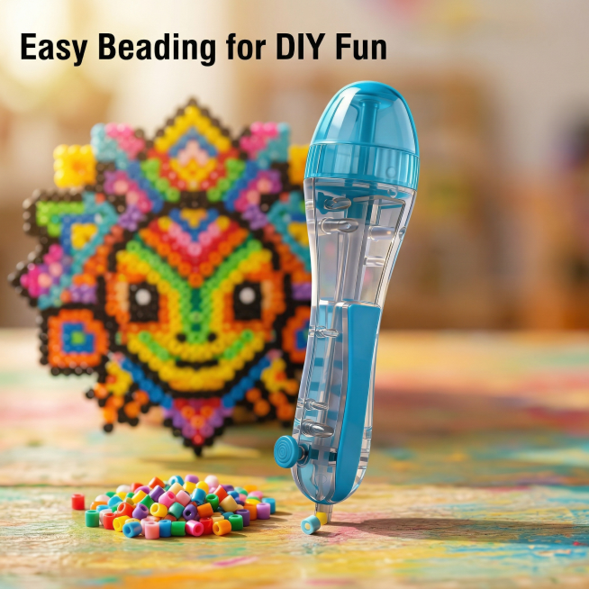 Re-show the Press-to-Dot Perler Bead Pen in a real diy handmade scene, place the product in the fore预览效果