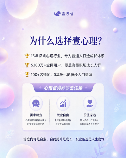 生成一张和参考图尺寸一致，风格相同的海报，浅紫蓝渐变背景搭配柔和发光圆形气泡装饰，顶部有壹心理logo和品牌名，主标题是"为什么选择壹心理？"，正文内容：
🏆 15年深耕心理行业，专为普通人打造成长预览效果