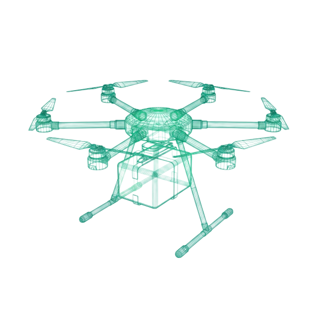 生成一张白底背景的无人机设计图，3D全息效果，绿色线描风格，线描颜色使用色号#12817b，无人机外形参考提供的图片预览效果