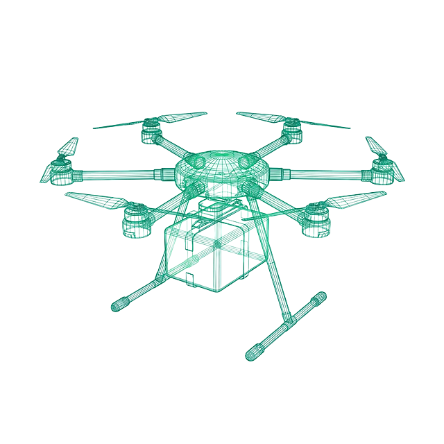 生成一张白底背景的无人机设计图，3D全息效果，绿色线描风格，线描颜色使用色号#12817b，无人机外形参考提供的图片