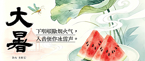 大暑节气三伏天夏日夏季国风水墨画中式微信公众号首图