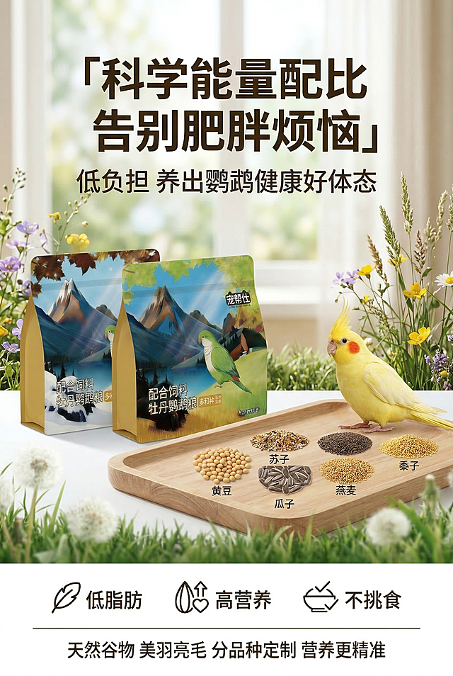 2:3竖版尺寸，主标题「科学能量配比 告别肥胖烦恼」，副标题「低负担 养出鹦鹉健康好体态」，画面左侧展示宠帮仕鹦鹉粮包装，严格保留包装设计、颜色、LOGO位置、文字内容等所有细节，右侧可视化展示低脂肪谷物种子（黄豆、苏子、燕麦、瓜子等）整齐排列在木质托盘中，搭配一只羽毛鲜亮的健康玄凤鹦鹉，背景为清新草地场景，杂志级精致排版，无衬线字体，突出「低脂肪、高营养、不挑食」核心卖点。禁止修改包装细节，禁止出现高热量、油腻食材，禁止模糊、失真，禁止风格不统一，禁止文字杂乱，禁止鹦鹉形象怪异。