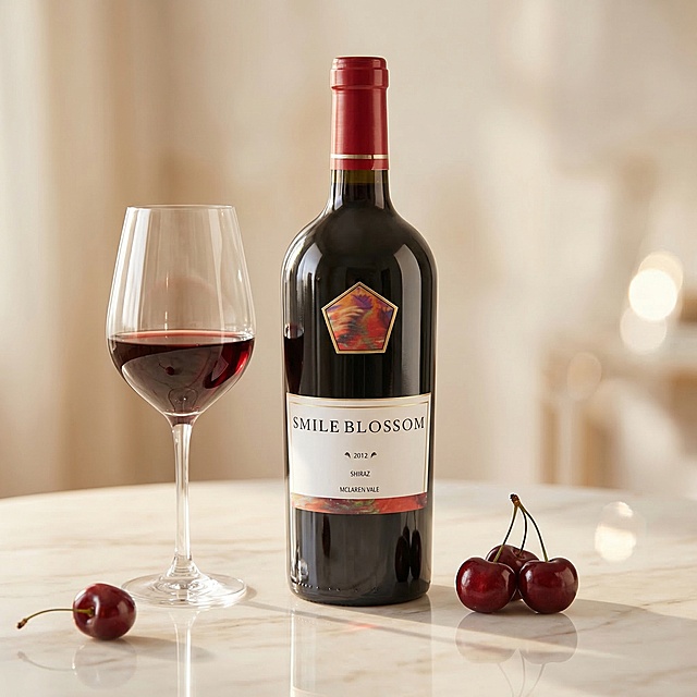 商业摄影场景图，主体为西拉干红葡萄酒瓶、装着红酒的高脚杯和新鲜车厘子，保持瓶身Logo文字SMILE BLOSSOM 2012 SHIRAZ MCLAREN VALE原样，保持主体物理结构不变，强制保留瓶身、红酒杯、车厘子组件，做现代轻奢复古色调极简设计，画面清晰对焦，柔和阴影，保留反光质感和自然光影，放置在浅色大理石台面上，采用轻奢优雅风，晶莹剔透高光+香槟金色调+大理石材质，中心对称构图，有倒影，商业高调摄影，柔和漫射光，前中后景层次分明，三分法视觉重心，加入光影光斑元素，整体低对比度偏暖色调，通透氛围，适合电商详情页使用。

负向提示词：瓶身扭曲，Logo变形，瓶身液化，多余的盖子，缺失的部件，悬浮的物体，变形的手柄，摄影灯，柔光箱，三脚架，水印，文字，昏暗光线，死黑阴影，畸变透视，比例失调，西方面孔，金发，深眼窝，雀斑，杂乱房间，硬光，乡村风，高对比度