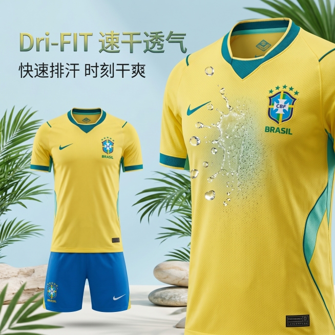严格还原上传产品图所有细节，产品为2026美加墨世界杯巴西国家队主场足球服套装（上衣+短裤），包含准确颜色、LOGO位置、文字内容和图案元素。添加水滴落在球衣面料上的动态特写，旁边展示完整套装。视觉风预览效果