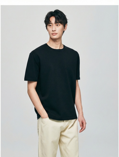 服装贴合：将白底图衣服穿到模特身上。衣服完全贴合模特身形，无违和感，保留白底图衣服原有版型 
场景：灰色地面与白色背景，光线自然，背景简洁
画质要求：写实，8k，高细节，对焦清晰，光线自然，无变形预览效果