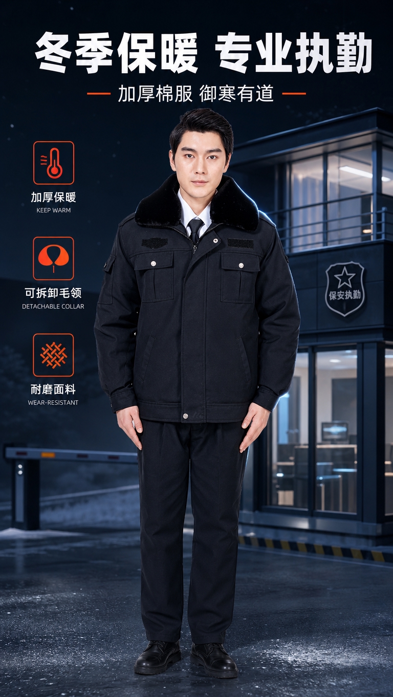 [商品] 使用【图2】黑色保安冬季棉服；商品处理：保留黑色大毛… - 图片创意预览