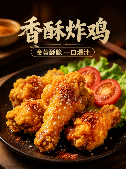 电商详情首图，主题是香酥炸鸡，突出金黄酥脆的外皮和诱人红亮的酱汁颜色，主标题为“香酥炸鸡”，副标题“金黄酥脆 一口爆汁”，整体设计高级简约，保持产品一致性，暖棕色调，高级质感预览效果