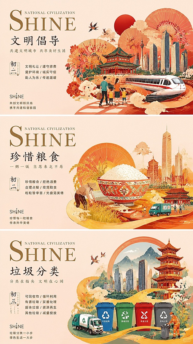 参考提供图片的国潮插画风格，设计一组竖版宣传海报，主题包含文明倡导、珍惜粮食、垃圾分类，整体采用红橙暖色调，结合城市建筑与传统国潮元素，排版和装饰风格与参考图保持一致
