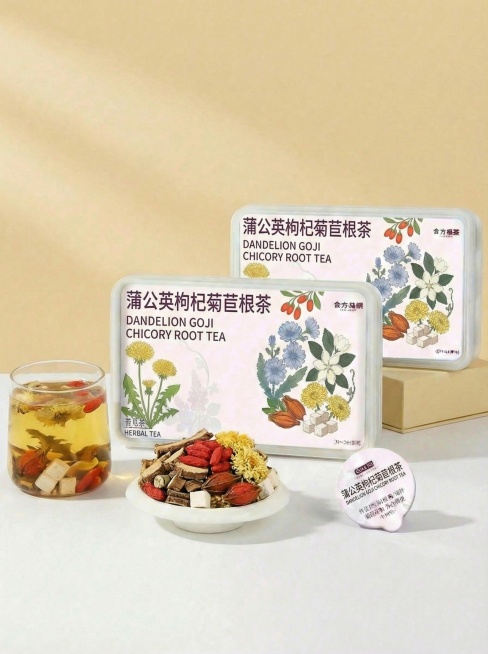 把图中食材换成蒲公英根、枸杞、菊苣根、栀子、菊花、茯苓，其它不变预览效果