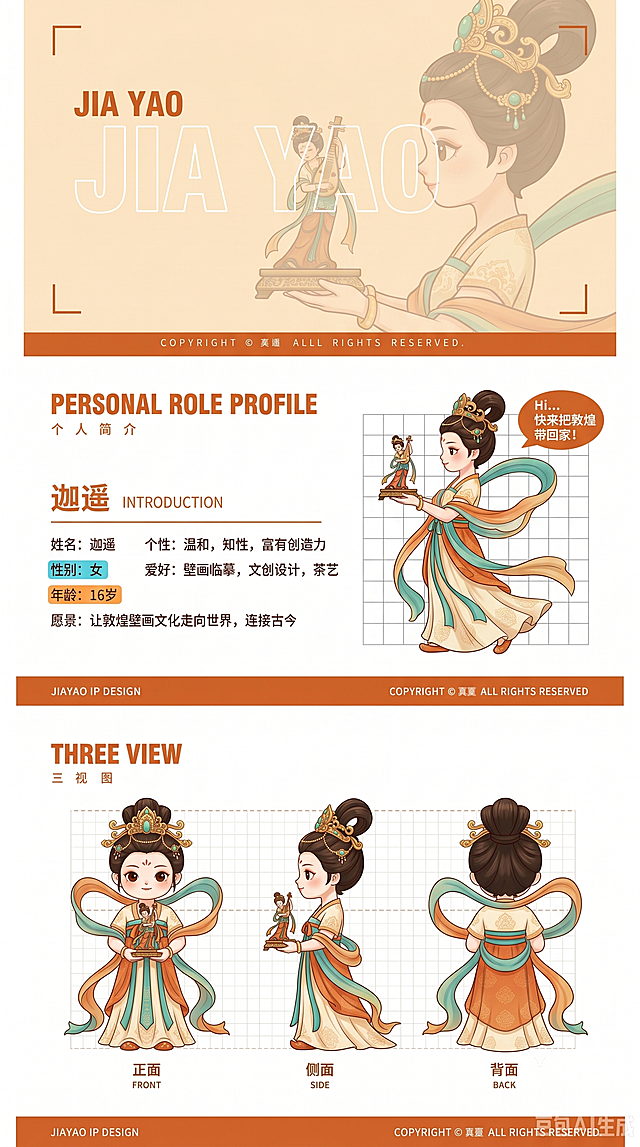 敦煌飞天少女IP形象迦遥，16岁，敦煌文创小店店长，壁画文化传承人，从莫高窟壁画中走出的国风少女，束古风发髻，佩戴敦煌鎏金头饰，身披飘逸彩绸，身着简约国风短衫，双手托着手办展品侧身展示，整体风格是敦煌国风，参考已有小鹿IP的排版格式，制作IP人物档案页，包含个人简介、三视图部分，沿用现有暖橘色+米白色+青绿色的配色体系