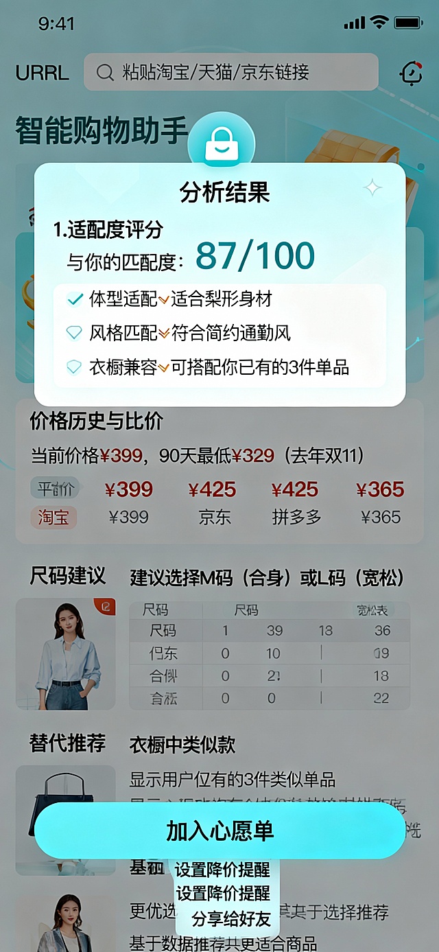 6. 智能购物车与比价页
场景：用户在外站看到心仪商品，导入进行分析

text
**核心功能**：外部链接智能分析

**URL输入框**：“粘贴淘宝/天猫/京东链接”
**分析结果卡片**：
1. **适配度评分**：“与你的匹配度：87/100”
   - 体型适配：✅ 适合梨形身材
   - 风格匹配：✅ 符合简约通勤风
   - 衣橱兼容：✅ 可搭配你已有的3件单品

2. **价格历史与比价**：
   - 当前价格：¥399
   - 90天最低：¥329（去年双11）
   - 类似商品平台比价：淘宝¥399、京东¥425、拼多多¥365

3. **尺码建议**：
   - 基于你的身材数据：“建议选择M码（合身）或L码（宽松）”
   - 显示详细尺码表对比

4. **替代推荐**：
   - “衣橱中类似款”：显示用户已有的3件类似单品
   - “更优选择推荐”：基于用户数据推荐其他更适合的商品

**操作按钮**：“加入心愿单”、“设置降价提醒”、“分享给好友”

**关键词**：`smart shopping cart and price comparison screen, URL input box for product links, analysis result card with fit score, price history graph, size recommendation based on body data, alternative suggestions from closet and market, actionable buttons, intelligent shopping assistant UI --ar 9:19`                                                                                                                               按照手机标准尺寸进行制作