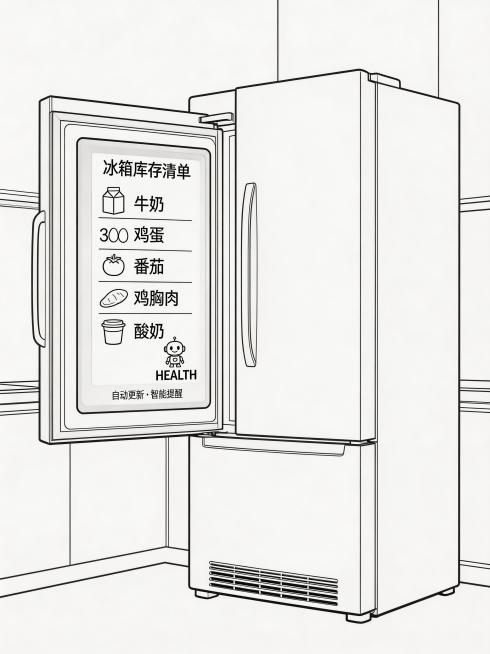 简约线描风格，黑白单色线条插画，无填充色，仅保留清晰轮廓与结构，无阴影，仅轮廓线。画面主体为一台现代智能冰箱，冰箱门打开，门内侧嵌入一块竖向显示屏。屏幕顶部显示标题“冰箱库存清单”，以列表形式展示牛奶预览效果