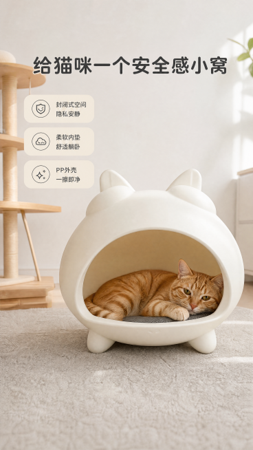 [第2屏] 核心卖点种草屏，展示猫咪入住猫屋场景。本屏使用【图1】作为猫屋主体参考，保持猫屋奶白色造型、结构比例与原图一致。
[氛围/风格] 温馨治愈家居风，ins网红客厅场景，柔和自然光，真实生活氛预览效果