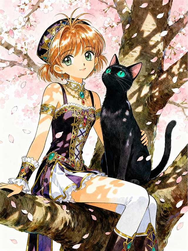 坐在树上的魔法少女，旁边是只俏皮的黑猫，树影斑驳，粉色花瓣飘落，背景是樱花