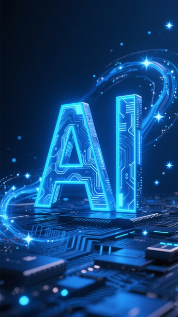 深蓝色背景上，以电路板纹理为基础，中央矗立着巨大的、立体发光的蓝色"AI"字母，字母内部有精细的电路纹路，周围环绕着流动的蓝色光效和闪烁的星点粒子，整体呈现出赛博朋克风格的科技感与未来感，具有强烈的视觉冲击力和深度感，营造出神秘而先进的氛围。预览效果