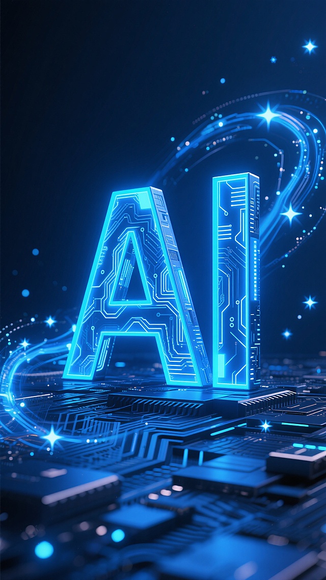 深蓝色背景上，以电路板纹理为基础，中央矗立着巨大的、立体发光的蓝色"AI"字母，字母内部有精细的电路纹路，周围环绕着流动的蓝色光效和闪烁的星点粒子，整体呈现出赛博朋克风格的科技感与未来感，具有强烈的视觉冲击力和深度感，营造出神秘而先进的氛围。
