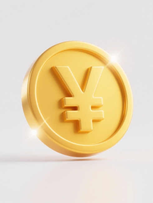 3D立体风格的金币图案，单一金币正面有立体凸起的日元符号，金币主体为明亮的金黄色，边缘有高光和反光效果，呈现出金属质感和光泽，背景为纯白色，整体造型简约现代，图案规整排布，金币悬浮于画面中央，周围有轻微的光晕效果，保持简约现代的设计风格。预览效果