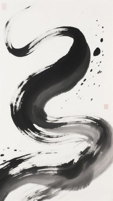 中国传统水墨画风格，黑白灰三色交织，以流畅奔放的笔触描绘出蜿蜒灵动的墨色线条，墨色浓淡变化丰富，从深重的焦黑过渡到轻盈的淡灰，形成自然的渐变层次。画面中可见飞溅的墨点和晕染的水墨效果，展现出洒脱不羁的艺术韵味，营造出空灵悠远的古风意境，整体构图简洁大气，留白恰到好处，彰显东方美学的独特魅力。预览效果