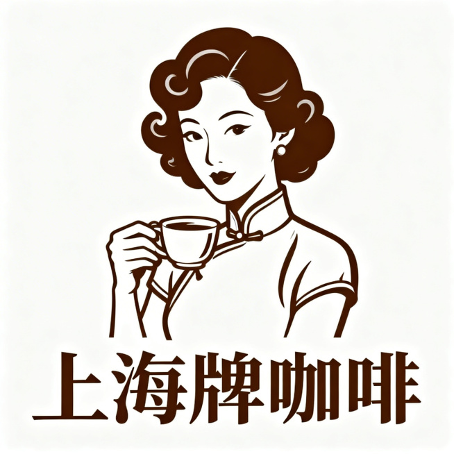 上海牌咖啡logo设计，海派复古风格，国民咖啡品牌，一位民国上海风情女人手里拿着一杯咖啡，画面简洁干净记忆点强，突出品牌复古调性，元素不要过多预览效果