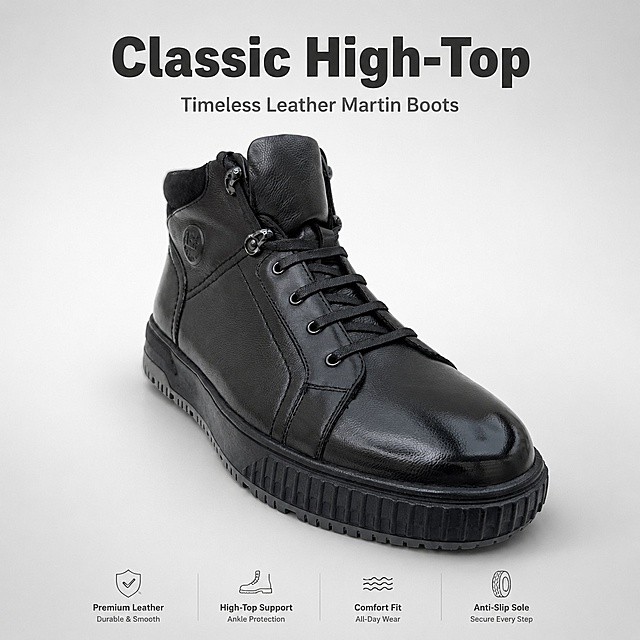 [第1屏] 详情页头图 - Classic High-Top Martin Boots 黑色经典高帮马丁靴宣传头图。本屏使用【图1】作为商品主体。
[氛围/风格] 简约高级商业风，低饱和浅渐变背景，真实产品质感，突出鞋款本身。
[元素布局] 马丁靴放置在画面中央，占比约70%，背景使用低饱和浅灰色渐变，底部加浅灰色阴影承托；保留产品鞋型轮廓、皮材质感、黑色颜色与图1完全一致。
[光影质感] 左上侧主柔光，右下自然阴影，整体明暗层次清晰，皮面高光自然，突出皮革质感。
[配色色系] 全局底色 #F0F0F0；主色纯黑色马丁靴；辅助色深灰阴影、深灰文字。
[视角构图] 45°斜侧视角，产品为绝对视觉中心，阅读从上到下流畅自然。
[文字版式] 版式为上方标题 + 中心产品 + 底部信息。主标题 "Classic High-Top"，副标题 "Timeless Leather Martin Boots"，主标题字体加粗无衬线，位于画面顶部居中，副标题小号字体在主标题下方，文字不遮挡鞋身。
[比例分辨率] 1:1 方图比例，4K 分辨率，文字清晰可辨，高清画质。
[负向提示词] 鞋型变形，颜色偏差，皮质感失真，文字错乱，水印，背景杂乱，缺件错件