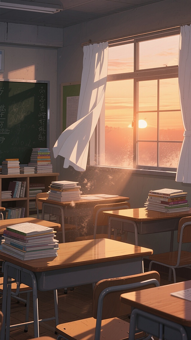 动漫风教室，水彩质感光影洒落，夕阳透过窗棂，书本静置桌头，温馨静谧，柔光弥漫，仿佛时光停驻。