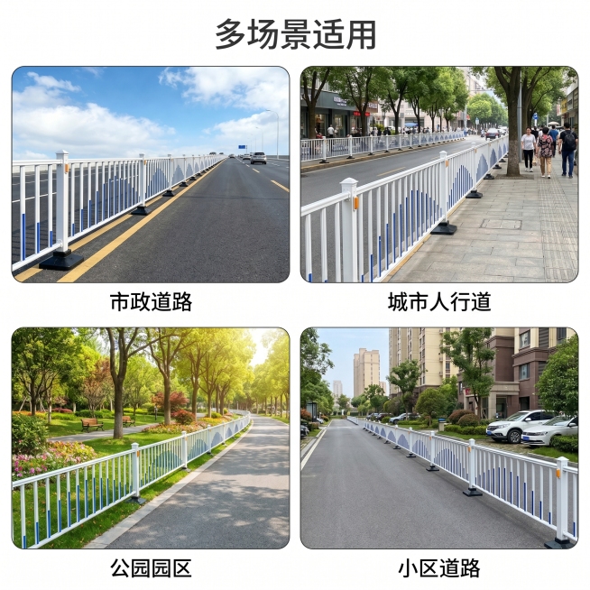 [主图-4] 市政护栏多场景适配展示
[氛围风格] 简约干净，真实展示，保持整体调性统一
[画质] 商业摄影质感、光线明亮通透、产品清晰真实、画面干净高级
[元素] 采用四宫格布局，四个场景分别展示：预览效果
