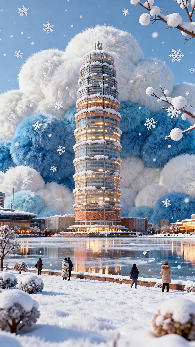 梦幻冬夜，3D虚拟现实风格，光影交织的雪中塔楼倒映湖面，毛发生长风植被与粒子雪花营造温馨氛围，城市节日静谧而温暖。#当世界被毛绒包裹