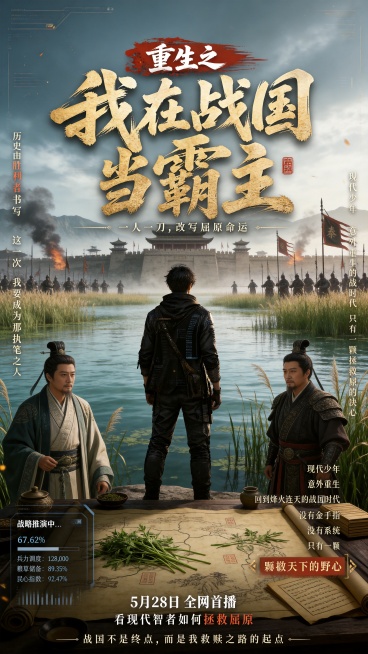 修改这张AI短剧海报，将主题调整为“重生之我在战国救屈原”，保留现代主角穿越到战国的整体构图和风格，修改文字标题，加入汨罗江、战国屈原相关的氛围感，保持竖版海报，电影级氛围感预览效果