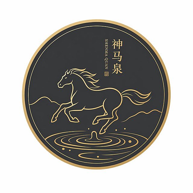 高级感极简轻奢风格景区打卡点图标，圆形徽章设计，主题为神马泉，画面中央是一匹极简线条的骏马奔腾剪影，下方是抽象的泉水波纹，采用烫金线条勾勒，深炭灰色背景，金色线条为主，留白充足，高端精致，扁平化矢量风格，纯白背景，质感高级
