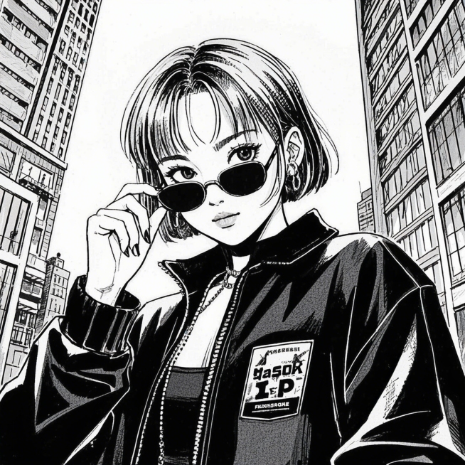Y2K女孩，戴着墨镜，一只手摘墨镜，背景是东京城市预览效果