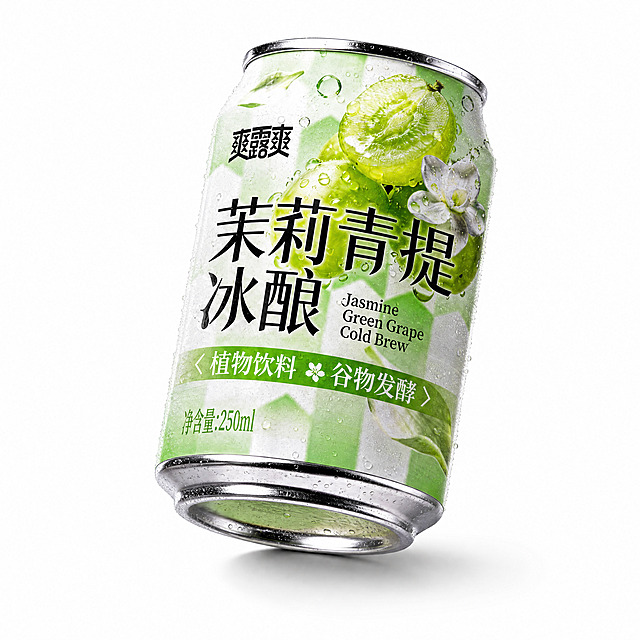 产品精修，产品置于纯白背景上，专业商业棚拍光，5500K标准中性白光，轮廓光，体积光，曝光正确，强烈真实立体感，接地处保留干净浅淡的自然接触阴影，严禁大片投影、脏灰阴影和悬浮感，主体居中，商品完整入画不裁切，商品外轮廓视觉体量约画面60%-80%，四边均匀留白约10%-20%，严禁满幅铺满与贴边顶满，极致超清画质，细节清晰锐利，4K分辨率，商业级实拍质感，保留原图真实材质与结构细节，提升商品洁净度和商业新品感，清除旧痕、灰暗、脏斑和不均匀色块；保留原图颜色分区、材质色相、结构和功能细节，禁止整体提亮改色，锁定原图商品颜色，颜色以输入图为唯一参考，分段部件颜色边界按原图锁定，锁定原图商品轮廓、件数、部件位置、连接关系、标签文字和可见功能细节，只做精修不重绘结构，罐口、肩线、标签和容量比例与原图一致，禁止改开口方向、改盖型、拉伸瓶身或重排文字，为金属顶盖和底盖添加高亮镀铬级商业镜面金属质感，黑白高光分区明确，长条棚拍高光带和边缘亮线清晰，镜面反射通透，表面光洁，为整个易拉罐罐身添加冷藏水珠效果，强化金属光泽，前侧视图，严格保持原图透视，严禁扶正，严禁镜像翻转，比例1:1