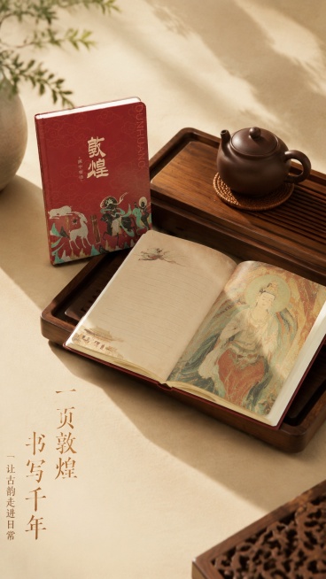 [第2屏] 场景种草-敦煌文创笔记本书房使用场景展示。本屏使用【图8】作为场景参考。
[氛围/风格] 东方禅意生活感，暖调光影氛围感，中式雅致实景质感。
[元素布局] 打开的敦煌笔记本斜放在酸枝木茶盘预览效果