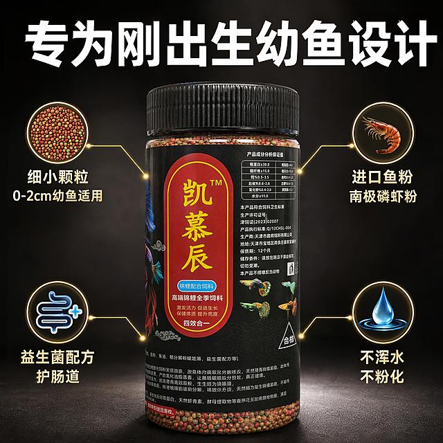 电商主图第二张，核心卖点亮点导图。深色高级感背景，中央放置透明罐装凯慕辰小小鱼饲料产品，瓶身标签清晰可见。以产品为中心，用细引线标注四个核心卖点，引线末端加定位光点。左上引线标注"细小颗粒 0-2cm幼鱼适用"，右上引线标注"进口鱼粉 南极磷虾粉"，左下引线标注"益生菌配方 护肠道"，右下引线标注"不浑水 不粉化"。顶部白色粗体大标题"专为刚出生幼鱼设计"。每个卖点配小图标装饰。保持产品外观（即物理结构、材质质感、颜色）与输入产品图一致，杜绝任何变形和色差，精细化处理。商品主体占比约60%。商业摄影质感，光线柔和通透，产品清晰真实。1:1比例，文字清晰可辨，超高清商业摄影质感。负向提示：变形，文字错乱，产品图模糊，背景杂乱，水印，电商平台Logo。