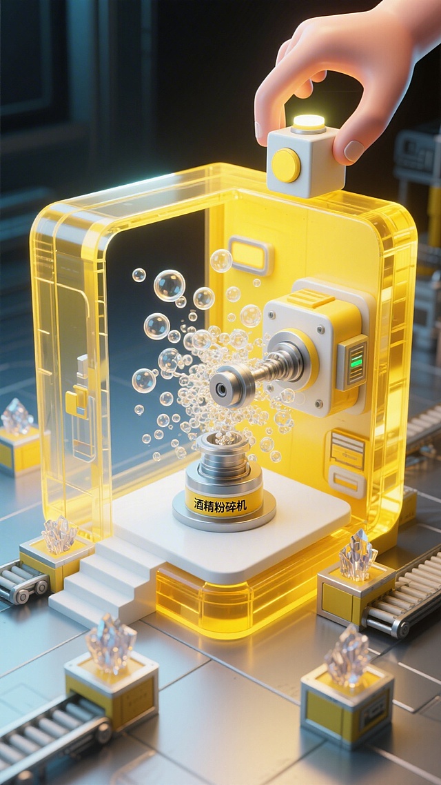 【五星酒神】
微缩场景。主体是一个黄色透明实验室，内部设置白色平台，实验室一半打开。实验室中心悬浮极速运转的“酒精粉碎机”，无数酒精分子被瞬间分解成透明气泡。周围有传送运输的迷你盒子装载着代谢酶晶体，一只巨大的手点亮立方体上方的启动按钮。明亮通透的趣味科技氛围。