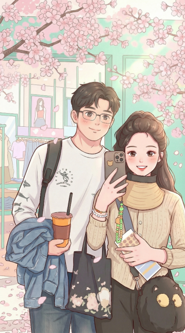 完全去掉男方头上的帽子，露出他原本的发型，进一步增强背景的春季氛围，增加更多樱花花朵和飘落的粉色花瓣，让整体春意更浓郁，保持可爱二次元风格和手机壁纸尺寸不变预览效果