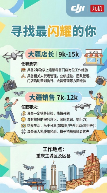 恢复右上角大疆和九机两个logo，删除“寻找最闪耀的你”前面的“|”，将标题整体下移，避免遮挡logo，同时在大疆销售后添加“|”，使其与大疆店长栏格式一致，删除“大疆&九机 联合招聘”这句话预览效果