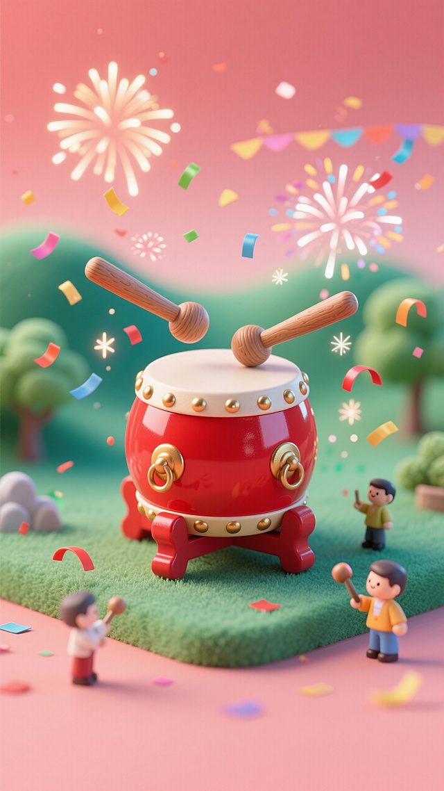 文字标题：盛世华诞， 一个中式红色锣鼓，正视图，两只棒槌，漂浮着小彩带、小烟花等元素，喜庆氛围，淡红色渐变背景
