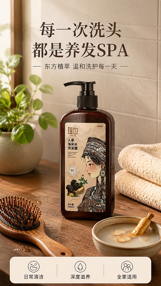 [第5屏] 使用场景页-日常浴室洗护沉浸式体验。本屏使用【图2】产品入镜，瓶身外观保持一致。
[氛围/风格] 温馨治愈浴室场景，生活方式感，自然暖调，商业摄影质感。
[元素布局] 画面呈现新中式浴室一角，木质洗手台面上放置洗发水瓶，占比约30%；旁边搭配木质梳子、绿色植物盆栽、米色毛巾、陶瓷小碗装着淘米水和人参片；背景为浅灰色瓷砖墙面，柔和自然光从左侧窗户照入；台面上有细微水珠增加真实感；瓶身颜色、结构、标签与输入图完全一致。
[光影质感] 左侧自然柔光模拟窗边光线，物体投影自然柔和，整体明亮温暖，营造舒适沐浴氛围；瓶身表面有自然高光反射。
[配色色系] 全局底色 #EFEBE9 浅灰暖调；主色木棕 #6D4C41；辅助色米白 #FAFAFA、草木绿 #7CB342、浅灰 #CFD8DC。
[视角构图] 45度斜俯视浴室台面，产品为视觉焦点，阅读动线从产品向四周场景元素扩散。
[文字版式] 画面上方居中主标题「每一次洗头 都是养发SPA」深棕色大号宋体；副标题「东方植萃 温和洗护每一天」浅棕色中号；底部横条信息栏从左到右三个小图标+文字：「日常清洁」「深度滋养」「全家适用」；文字排版简洁不遮挡场景主体。
[比例分辨率] 9:16 竖版比例，4K分辨率，文字清晰可辨，高清画质。
[负向提示词] 瓶身变形，颜色偏差，标签错乱，场景杂乱，文字过小，水印，产品模糊。