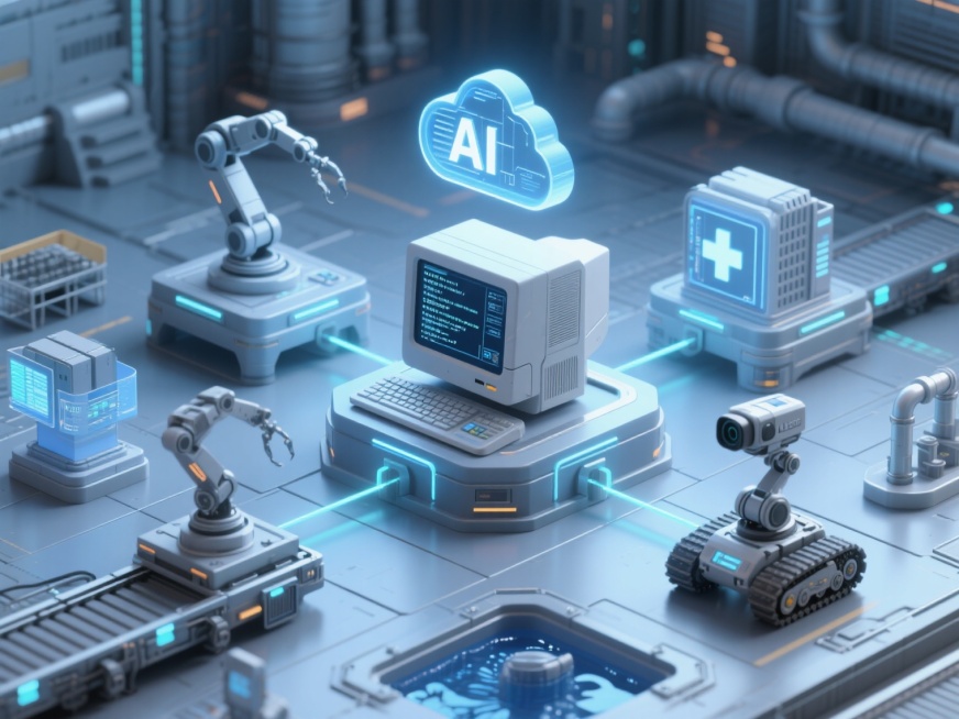 等轴视角的3D数字孪生工业场景，画面中心是一台未来感的电脑主机/控制中枢，显示悬浮的AI算法代码界面和数据云标识；周围环绕多个象征业务领域的3D模块：机械臂+输送平台（代表智能制造）、履带式特种机器人预览效果